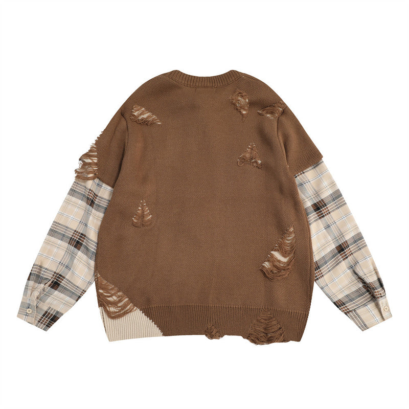 Men Sweater Stitching Fake Two-Piece round Neck Sweater Ripped