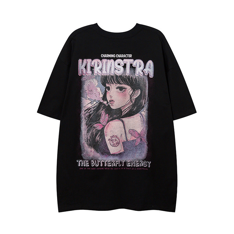Men T-Shirt Cartoon Cherry Blossom Girl Printing