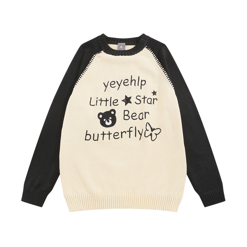 Men Sweater Color Matching Bear Letter Jacquard Sweater