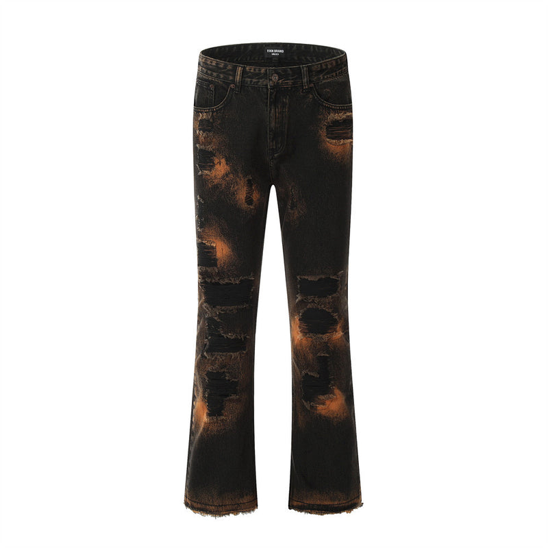 Men Jeans Ripped Punk Frayed Flared Pants