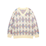 Women Sweater Vintage Diamond Plaid Knitted Sweater