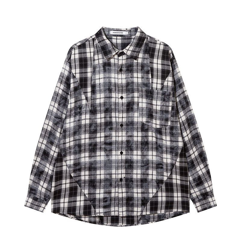 Long Sleeve Shirt Plaid Stitching Oversize Retro