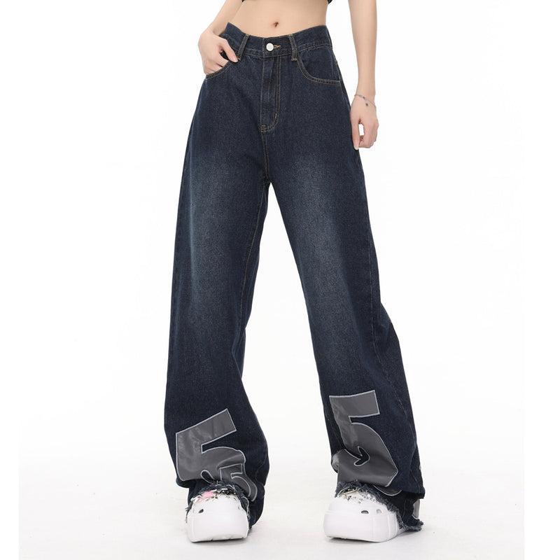 Men Jeans Frayed Hip Hop Embroidery Loose