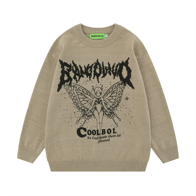 Men Sweater Elf Butterfly Wings Printing Crew Neck Sweater