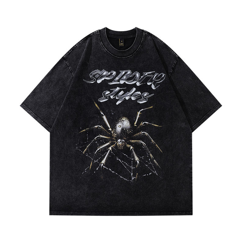 Men T-Shirt Spider Print Short Sleeve Heavy Distressed