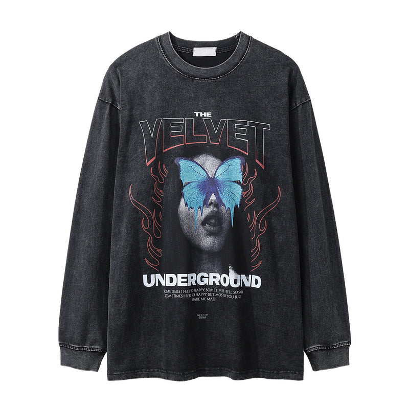 Men Long Sleeve T-Shirt Dark Character Print Punk & Rock Washed and Worn