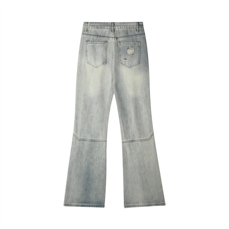 Men Jeans Bell-Bottom Pants Zipper Stitching Hole