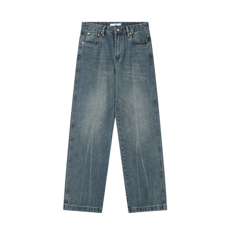 Men Jeans Worn White Old Loose Wide Leg Leisure
