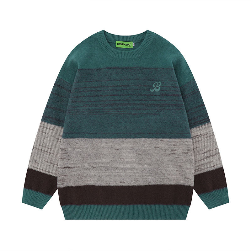 Women Sweater Retro Contrast Color Stripe Loose Couple Sweater