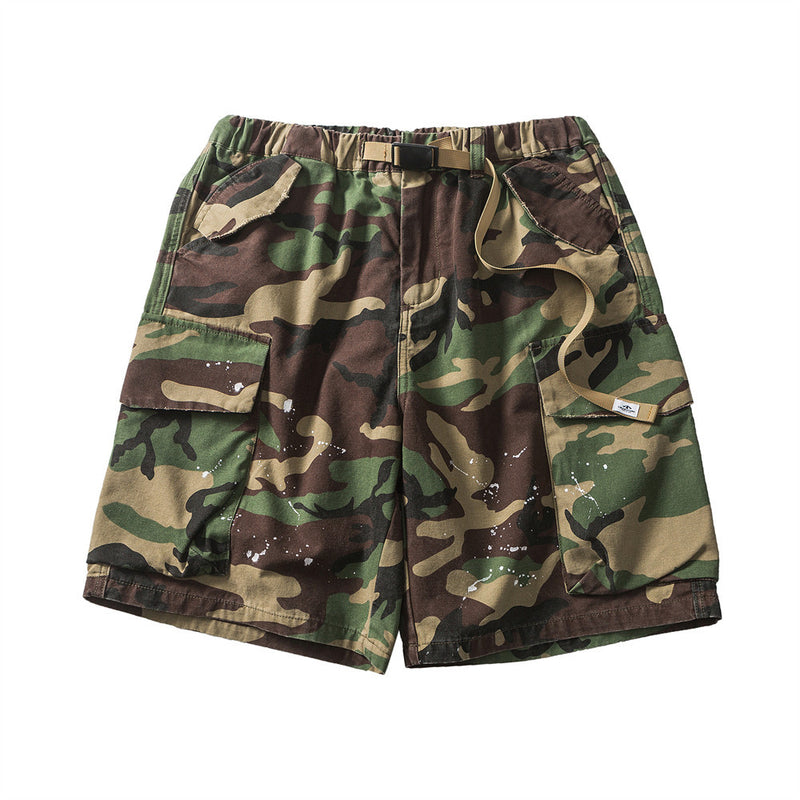 Men Shorts with Belt Camouflage Cropped Pants Men's Loose Multi-Pocket