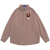 Men Long Sleeved T Shirt Flower Vertical Striped Long Sleeve Shirt Men's Spring and Autumn Loose Shirt Casual