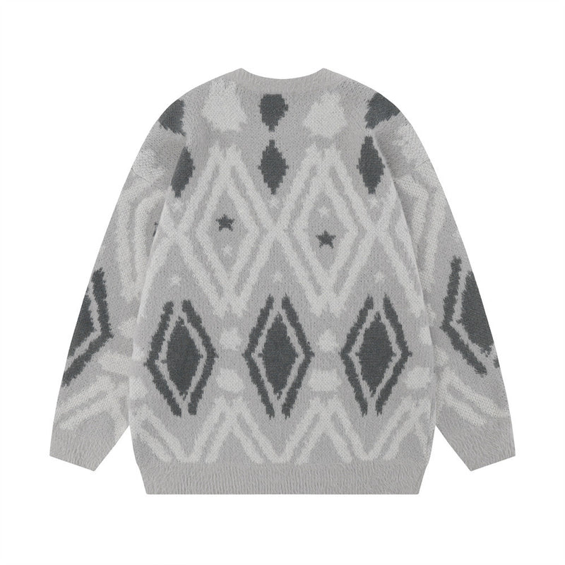 Men Sweater Diamond Plaid Jacquard and Fleece Lining Sweater