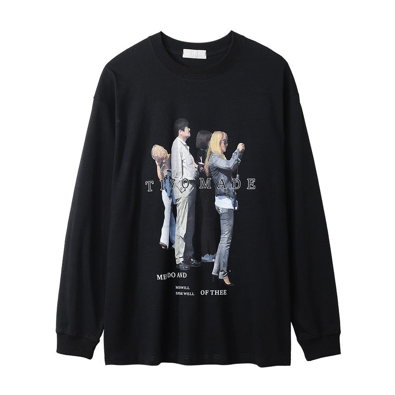 Men Long Sleeve T-Shirt Oil Painting Printing Loose