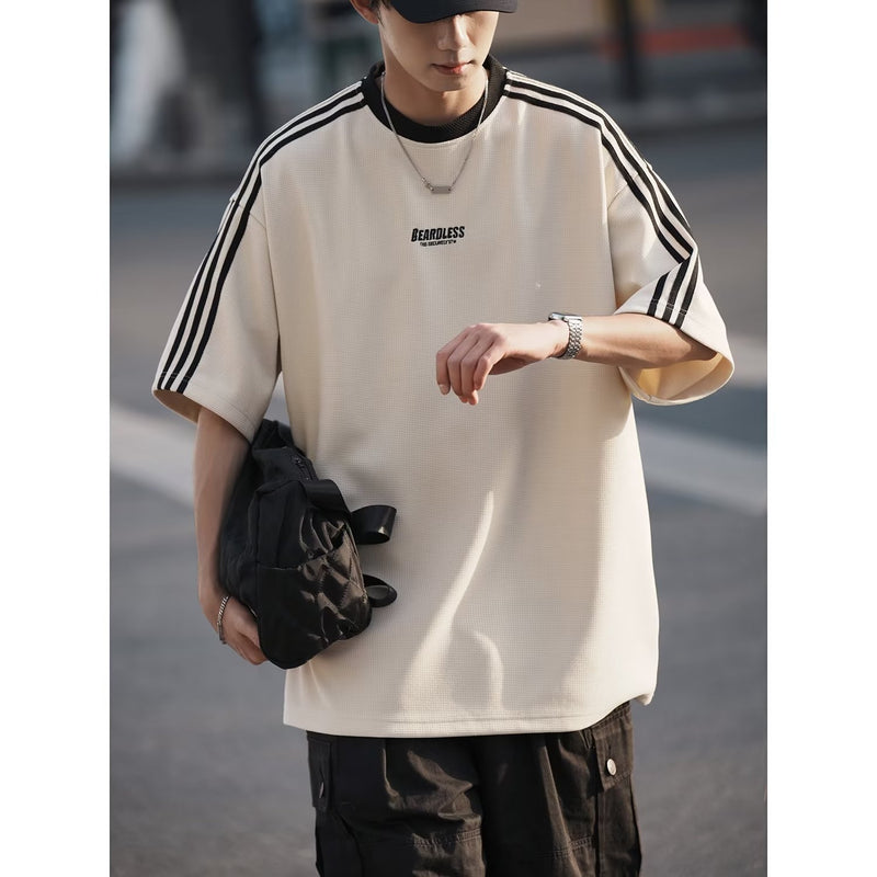 Men T Shirt Waffle Summer Loose Casual Stripes