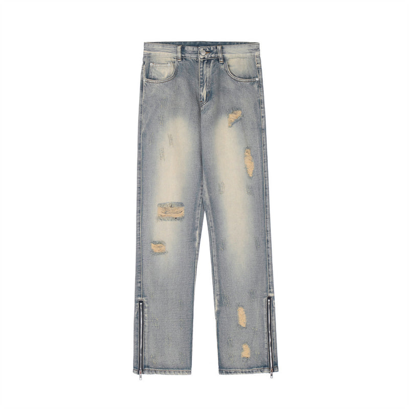 Men Jeans Ripped Brushed Old Zipper Slit