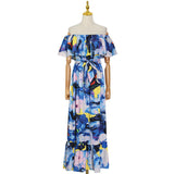 Bohemian Dress Fashion Printed Young off-Shoulder Long Cinched Swing Dress