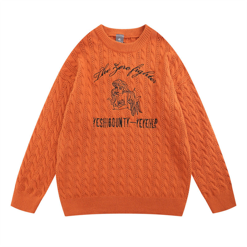 Men Sweater Little Mermaid Embroidered Crew Neck Sweater