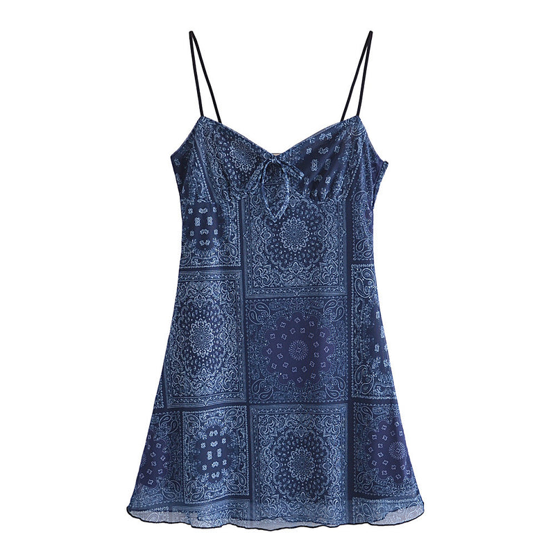 Women Dresses Vintage Blue and White Porcelain Printed Suspender Dress
