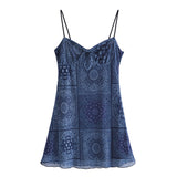 Women Dresses Vintage Blue and White Porcelain Printed Suspender Dress