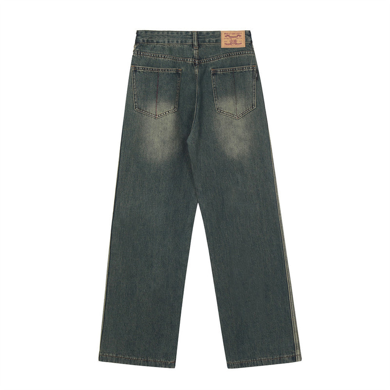Men Jeans Side Stripe Stitching Distressed Loose