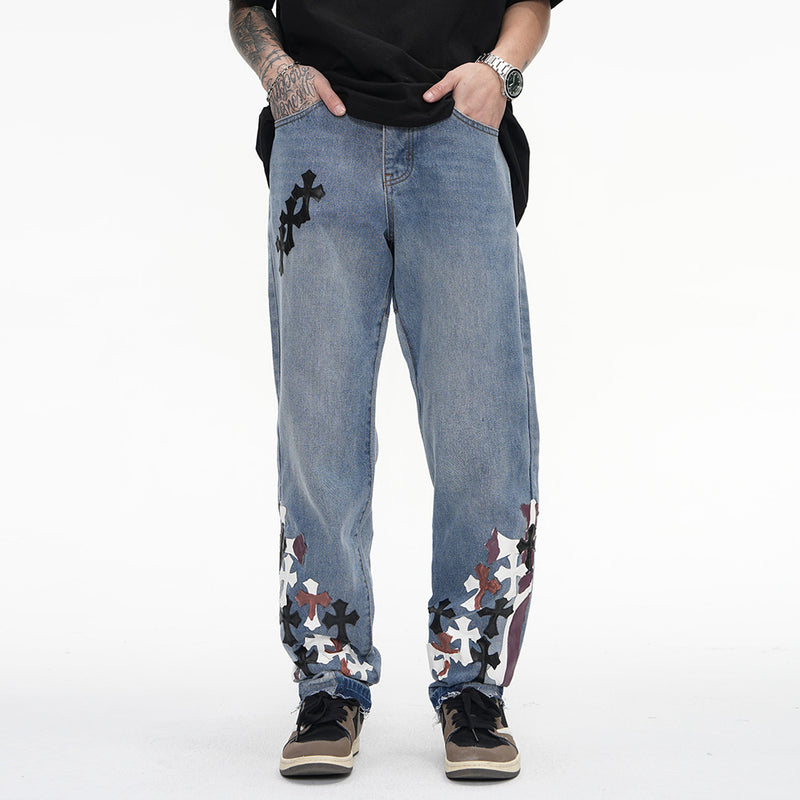 Men Jeans Cross Pattern Stitching