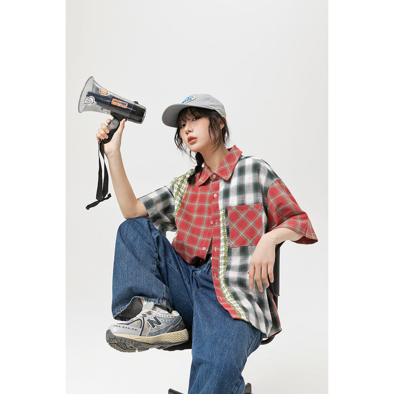 Unisex Shirt Vintage Spliced Plaid Blouse Summer