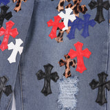 Men Jeans Cross Leather Embroidery Personality