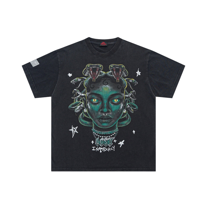 Lost Intricacy T-Shirt Medusa Snakehead Print Short Sleeve Wash