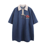 Men T-Shirt Lapel Polo Shirt Retro College Style Loose