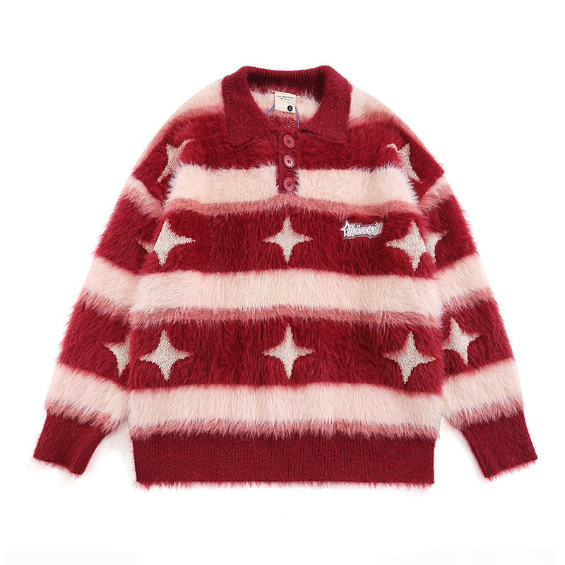 Women Sweater Contrast Color Striped Couple Knitted Top Polo Shirt