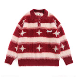 Women Sweater Contrast Color Striped Couple Knitted Top Polo Shirt