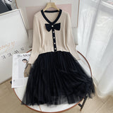 Women Dresses Stitching Gauze Knitting Dress Bow