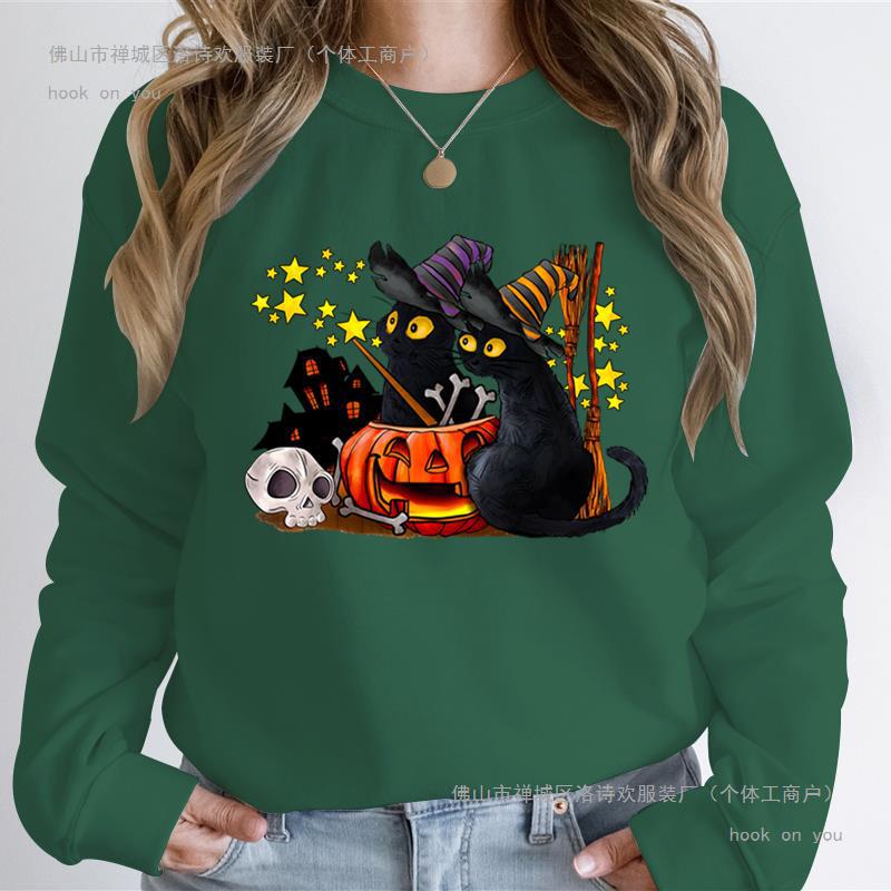 Cat Lover Halloween Ghost Sweatshirts Women Skeleton Black