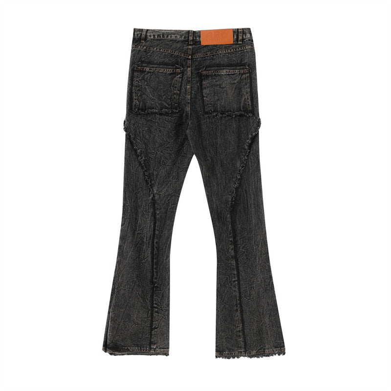 Men Jeans Distressed Bell-Bottom Pants Hip Hop Trend Stitching Edging