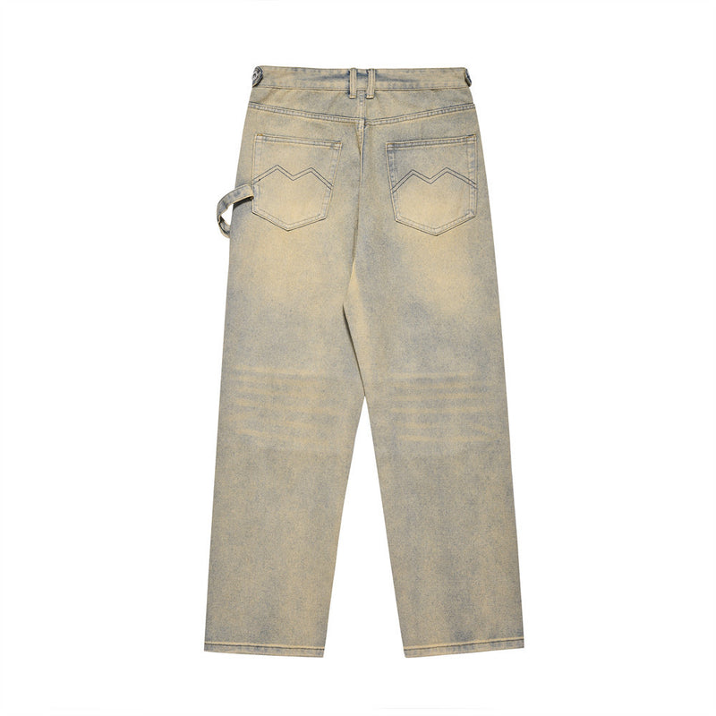 Men Jeans Yellow Mud Color Loose Pleated Slim Fit