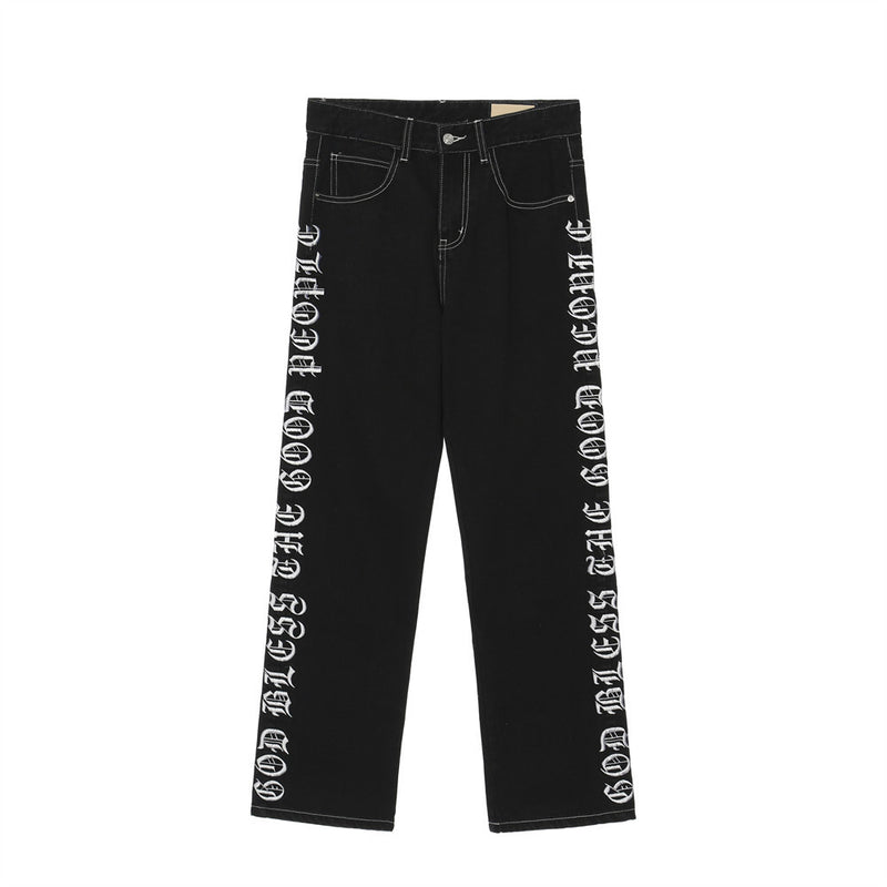 Men Jeans Side Character Embroidery Loose Casual