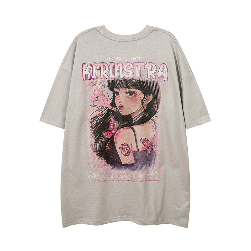 Men T-Shirt Cartoon Cherry Blossom Girl Printing