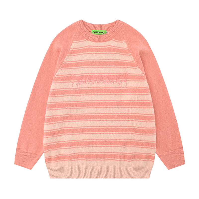 Men Sweater Striped Jacquard Crew Neck Sweater Loose