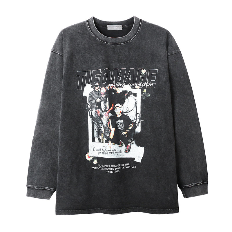 Men Long Sleeve T-Shirt Character Print Distressed Men's Loose Undershirt Top