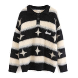 Women Sweater Contrast Color Striped Couple Knitted Top Polo Shirt