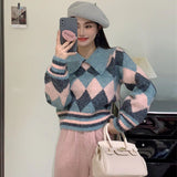 Women Pullover Sweater Pullover Cropped Sweater Rhombus