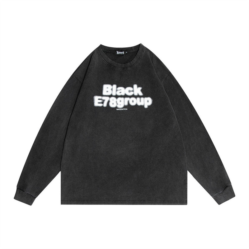 Men Long Sleeve T-Shirt Letter Printing Loose Wash Distressed
