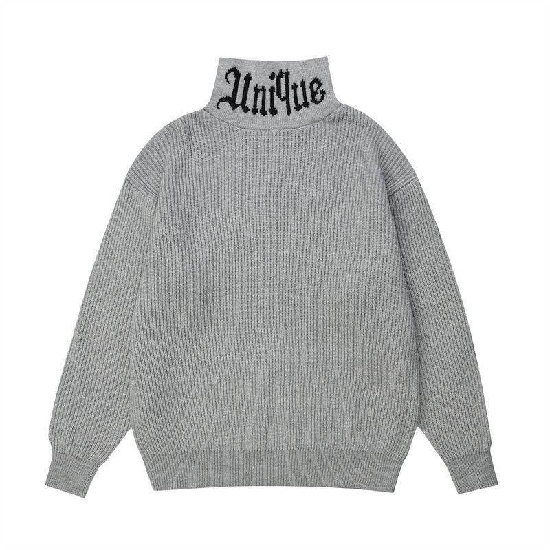 Men Sweater High Collar Loose Simple Embroidered Neckline Stand Collar Set