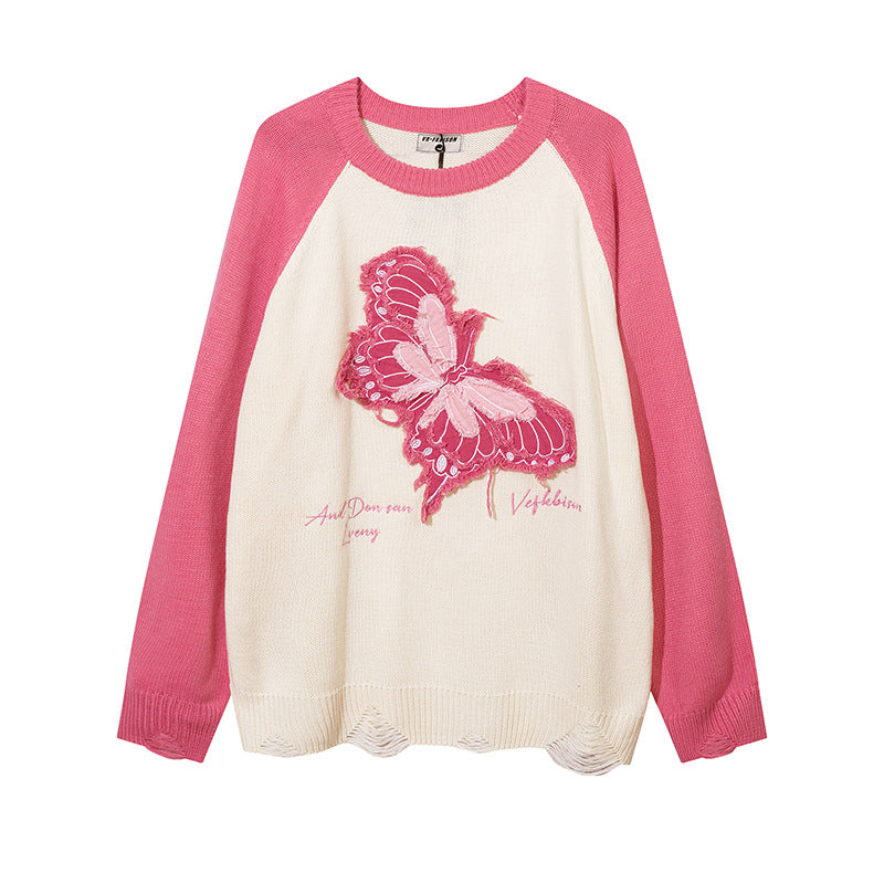 Men Sweater Stitching Loose Embroidered Patch Butterfly Sweater
