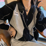 Women Knitted Cardigan Rhombus Loose Sweater Loose