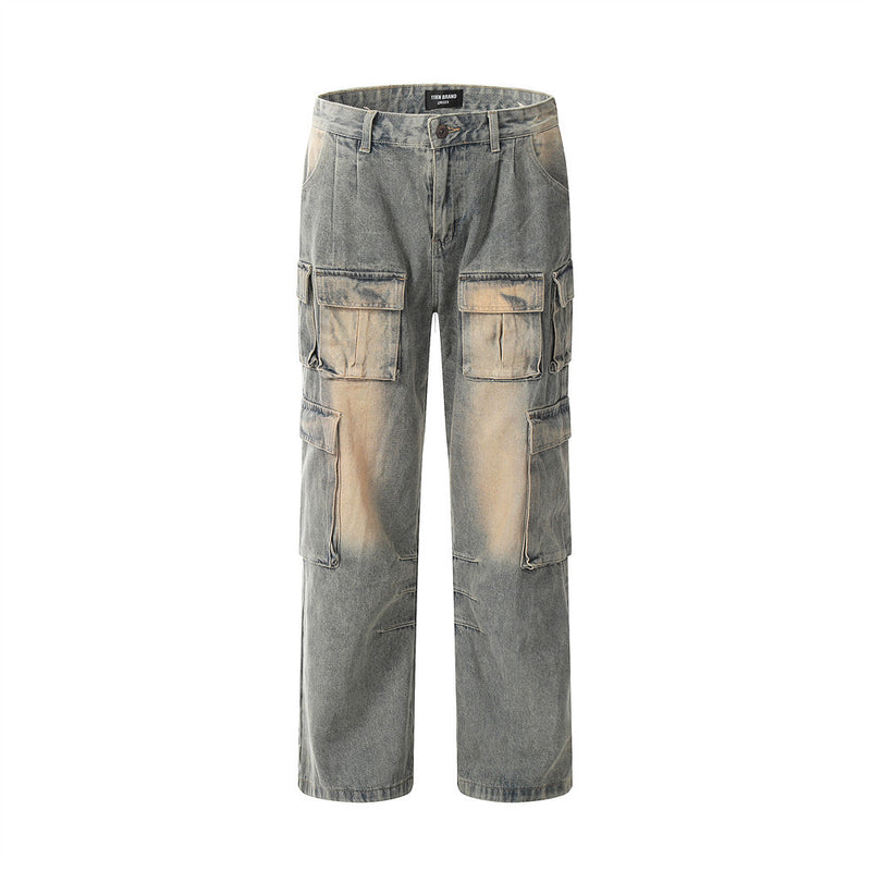 Men Jeans Multi-Pocket Loose Retro