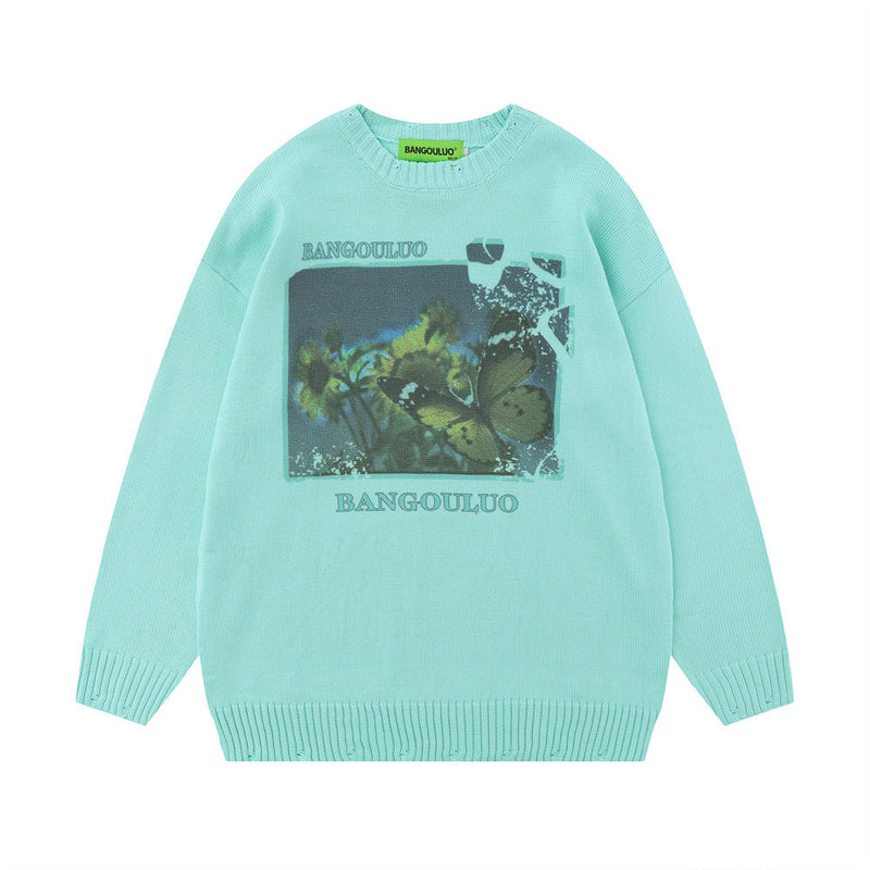 Men Sweater Butterfly Print round Neck Knitted Sweater