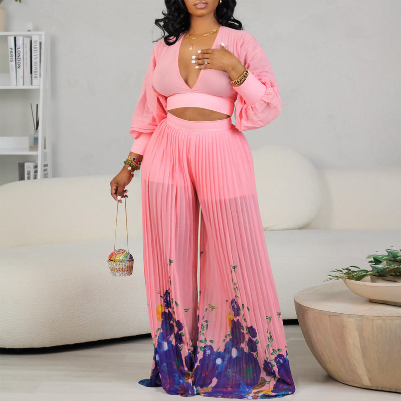 Women Jumpsuit V-neck Chiffon Bishop Sleeves Top