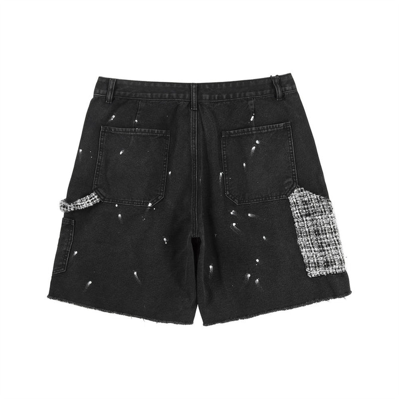 Men Shorts Stitching Ripped Denim Shorts Loose Splash-Ink