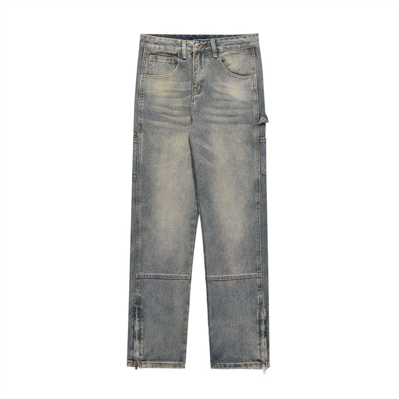 Men Jeans Retro Washed Distressed Loose Multi-Pocket